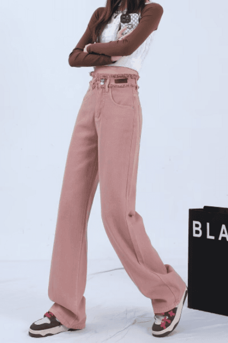 骨格ストレートフリンジピンクデニムパンツ