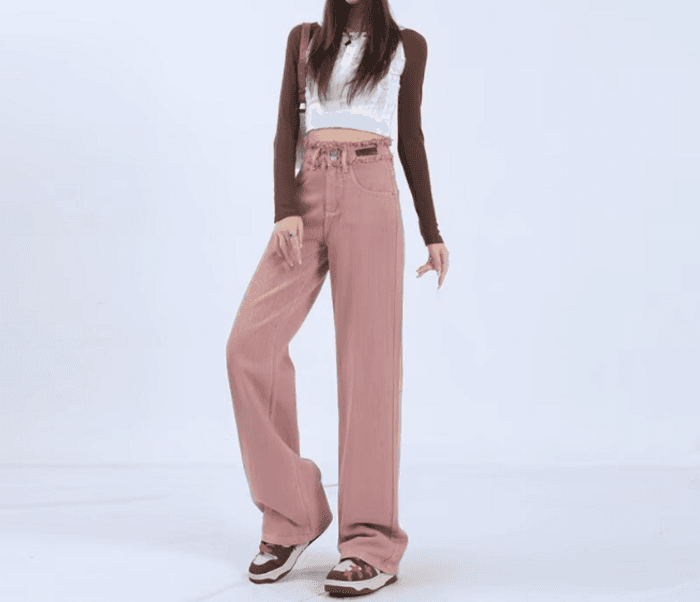 骨格ストレートフリンジピンクデニムパンツ
