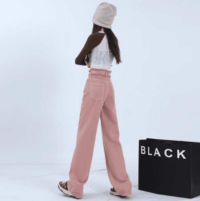 骨格ストレートフリンジピンクデニムパンツ