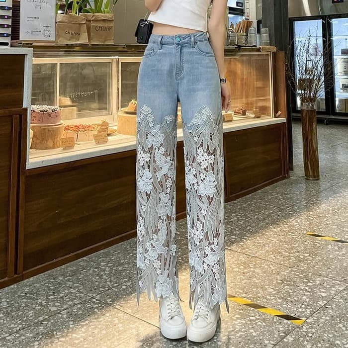 骨格ストレートレース切り替えストレートデニムパンツ