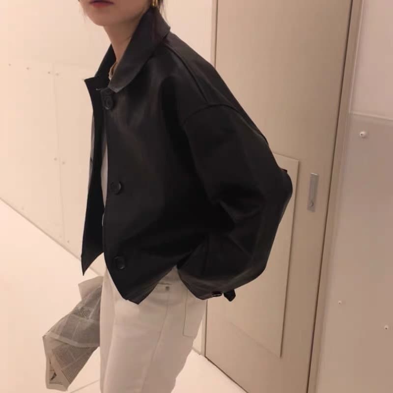 骨格ストレートシャツカラーPUレザージャケット