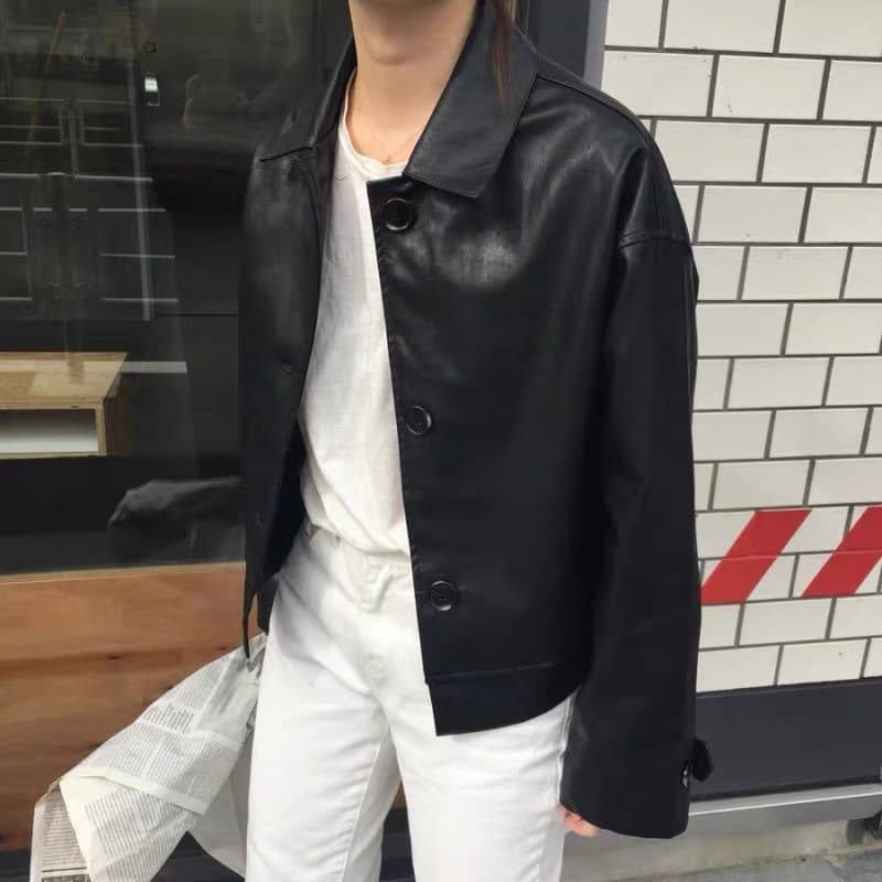 骨格ストレートシャツカラーPUレザージャケット