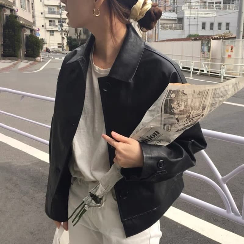 骨格ストレートシャツカラーPUレザージャケット