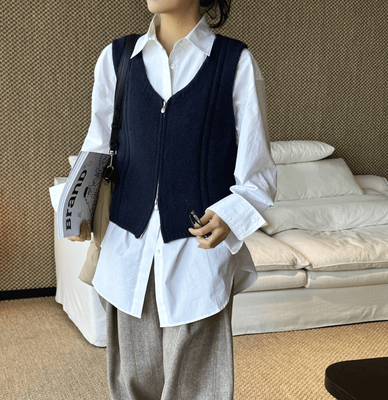 骨格ストレートダブルジッパーニットベスト