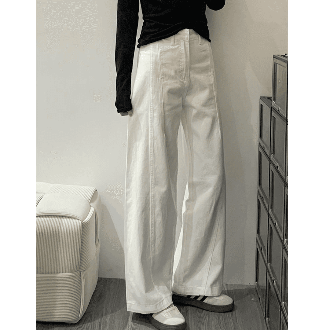 骨格ストレートカーブデザインホワイトデニムパンツ