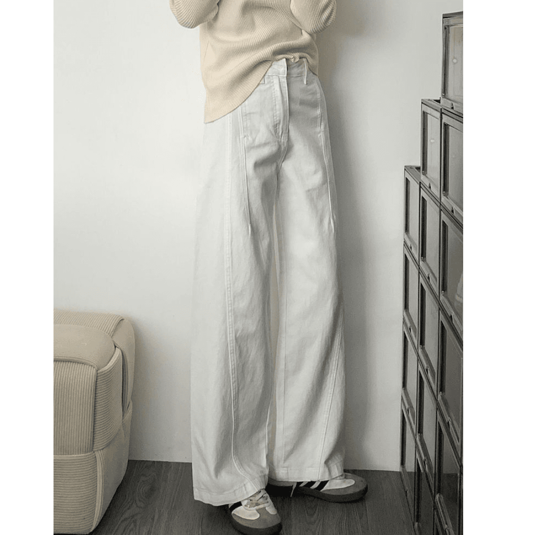 骨格ストレートカーブデザインホワイトデニムパンツ