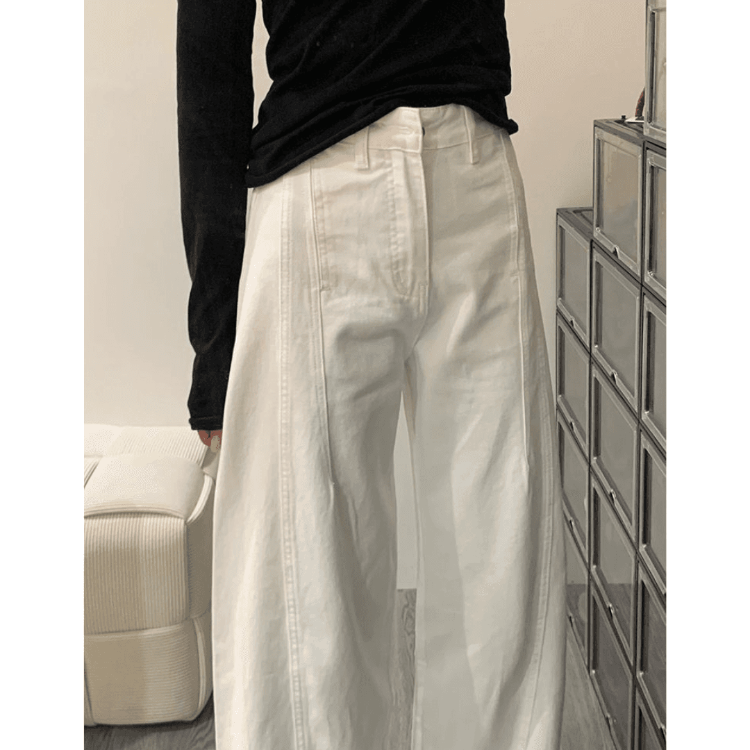 骨格ストレートカーブデザインホワイトデニムパンツ