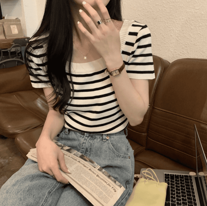 骨格ストレートスクエアネックボーダーTシャツトップス
