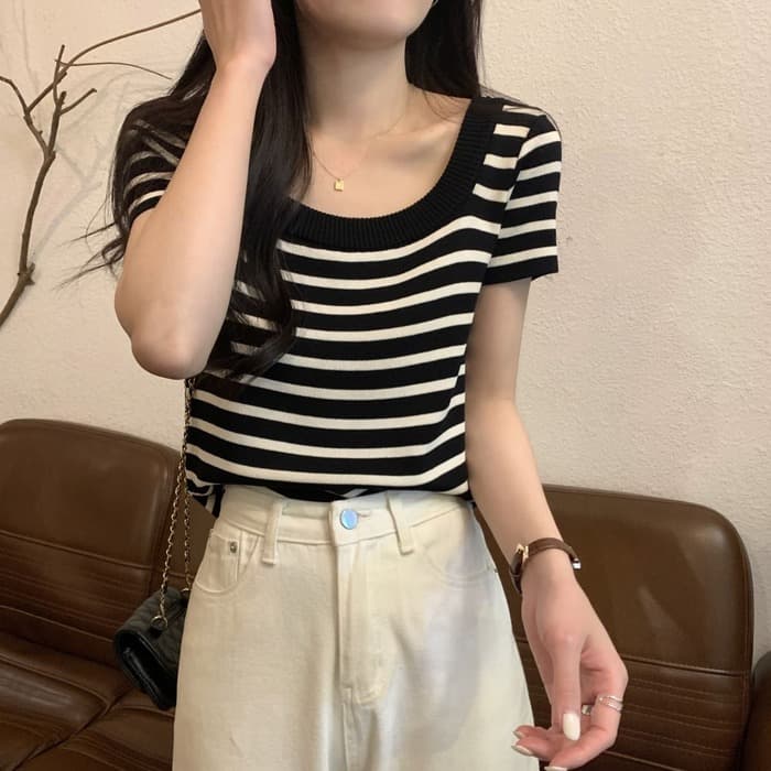 骨格ストレートスクエアネックボーダーTシャツトップス