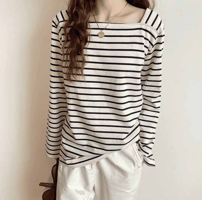 骨格ストレートスクエアネックボーダーTシャツトップス