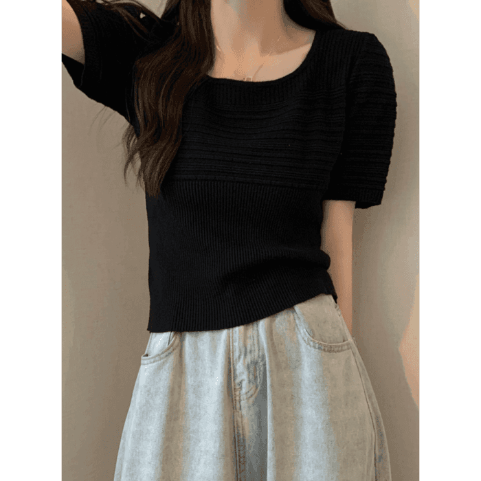 骨格ストレートラウンドネックパフスリーブTシャツトップス
