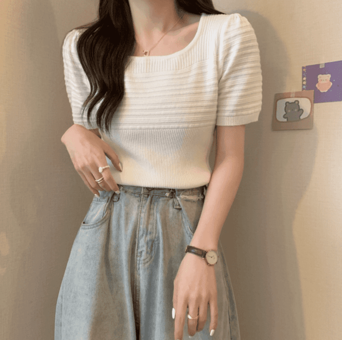 骨格ストレートラウンドネックパフスリーブTシャツトップス