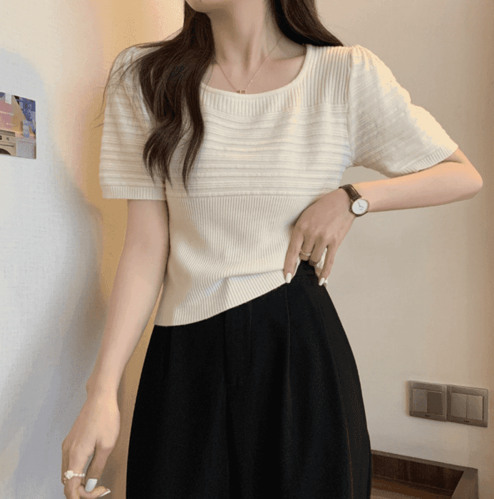 骨格ストレートラウンドネックパフスリーブTシャツトップス