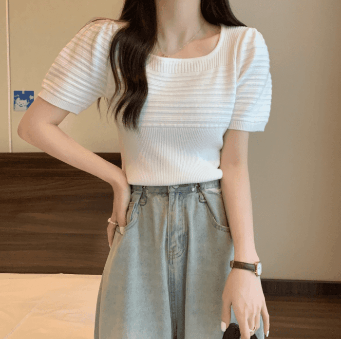 骨格ストレートラウンドネックパフスリーブTシャツトップス