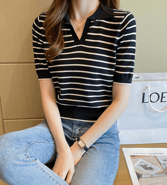 骨格ストレートキーネックボーダーTシャツトップス