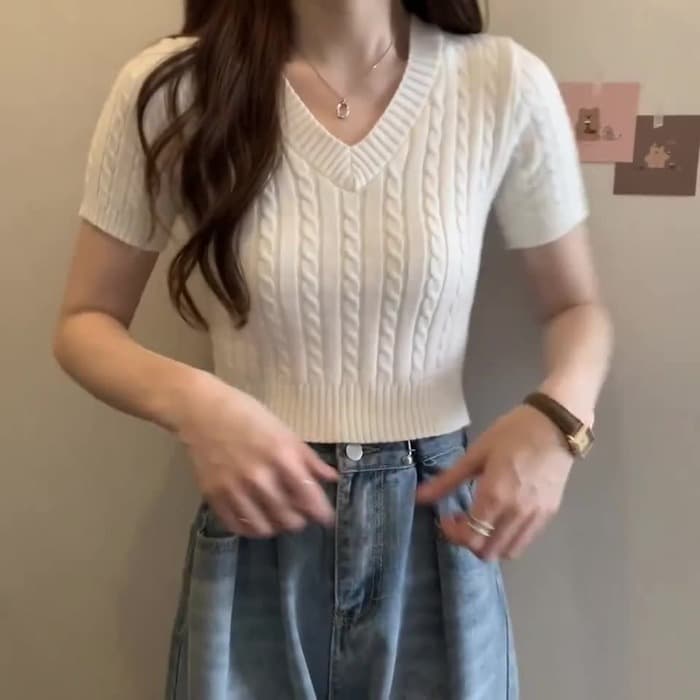 骨格ストレートケーブル半袖ニットトップス