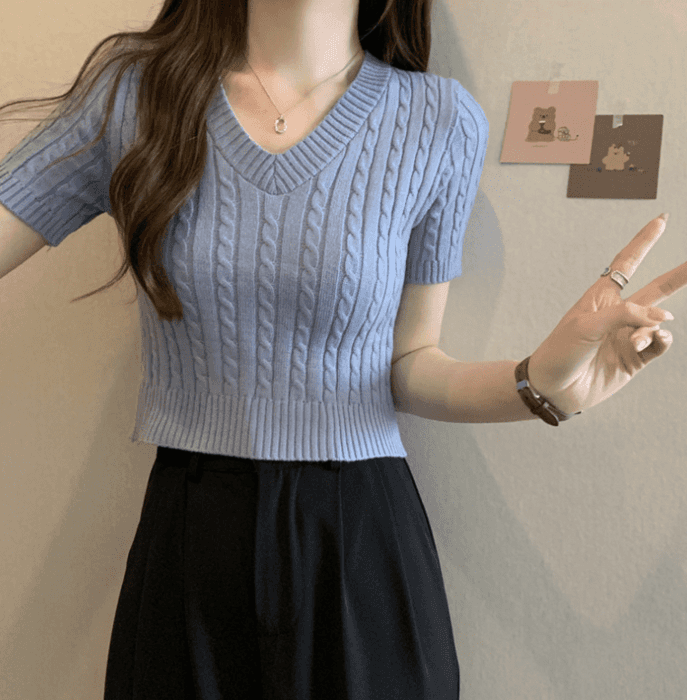 骨格ストレートケーブル半袖ニットトップス