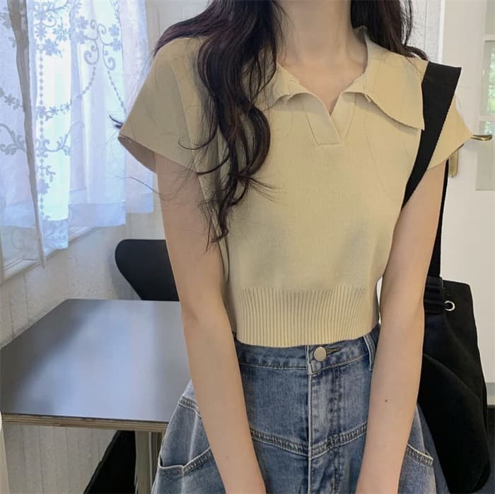 骨格ストレートショート丈Vネックニットトップス