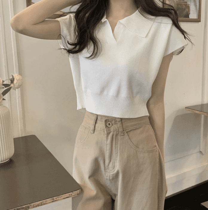 骨格ストレートショート丈Vネックニットトップス